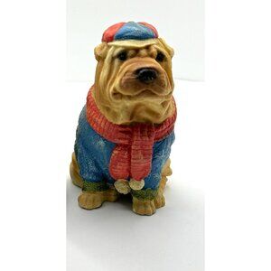 Vintage Shar Pei Dog Figurine Wearing Blue Sweater & Cap